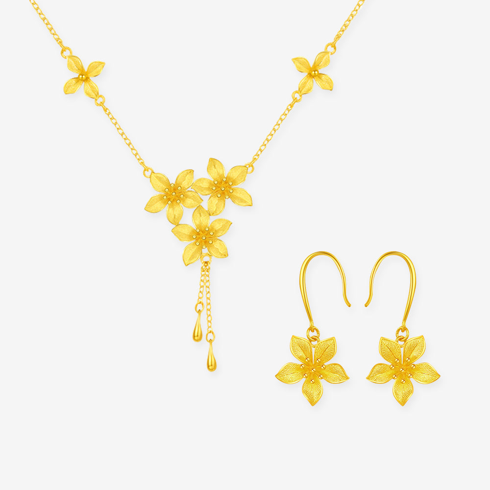 Happy Flower Wedding Series 24K Gold Cute Nicotiana Alata Flower Jewelry Set - Necklace Earrings