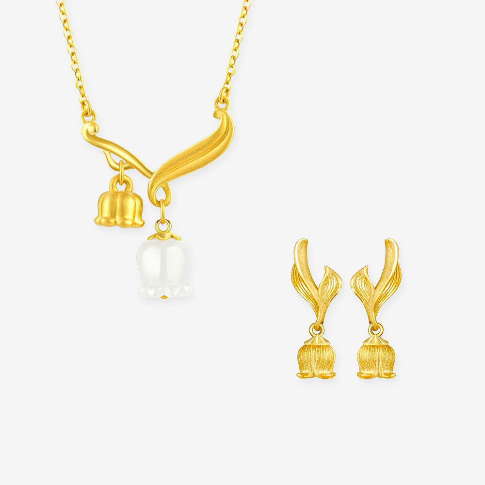 24K Gold Jade Happy Lily of the Valley Necklace Earrings Jewelry Set
