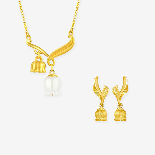 24K Gold Jade Happy Lily of the Valley Necklace Earrings Jewelry Set