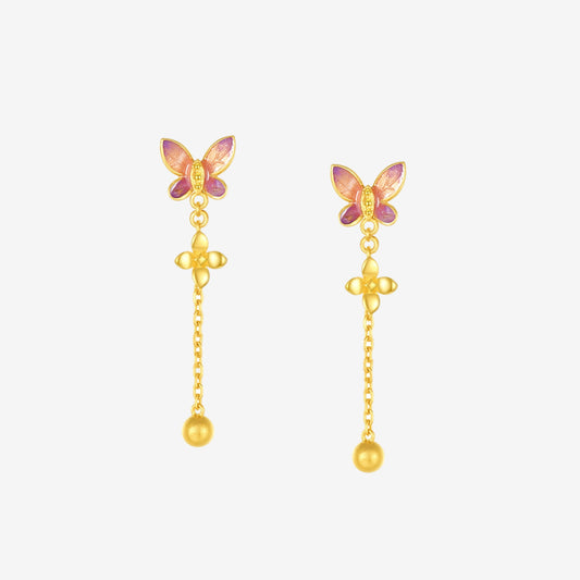 Twelve Gods of Flowers Series 24K Gold Butterfly Love Flower Drop Earrings