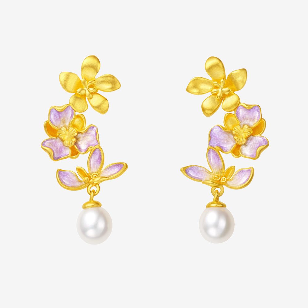 Monet Garden Series 24K Gold Enamel Pearl Flowers Drop Earrings