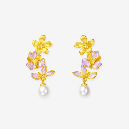 Monet Garden Series 24K Gold Enamel Pearl Flowers Drop Earrings