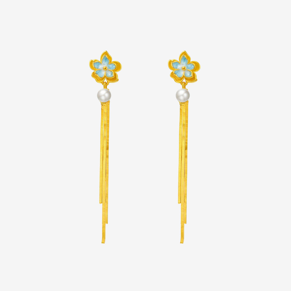 24K Gold Pearl Blue Almond Flower Tassel Earrings