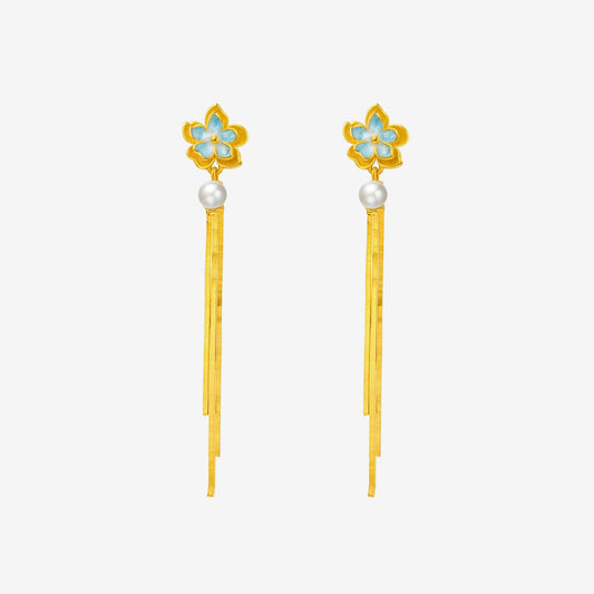 24K Gold Pearl Blue Almond Flower Tassel Earrings