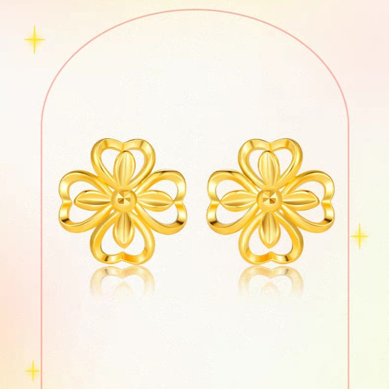 24K Gold Lucky Four Leaf Clover Hollow Minimalist Earrings