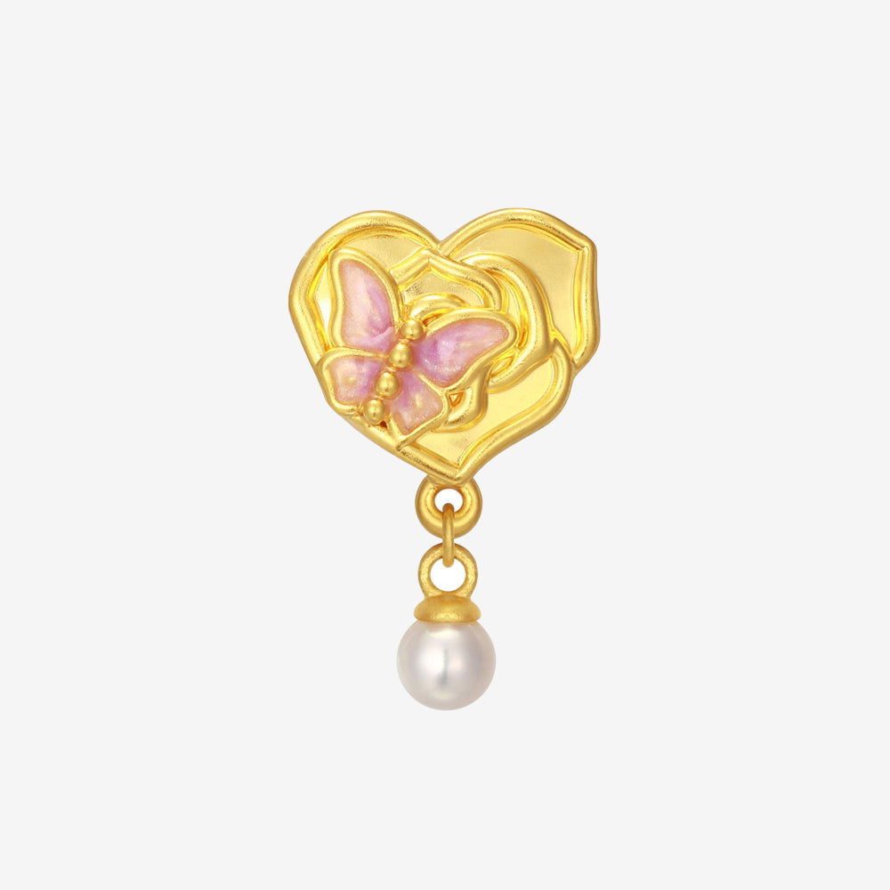 Monet Garden Series 24K Gold Pearl Rose Butterfly Heart Charm