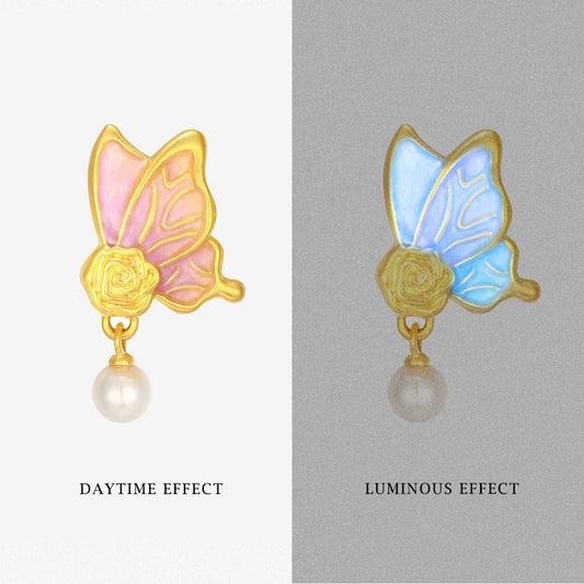 Monet Garden Series 24K Gold Luminous Enamel Pearl Rose Butterfly Charm