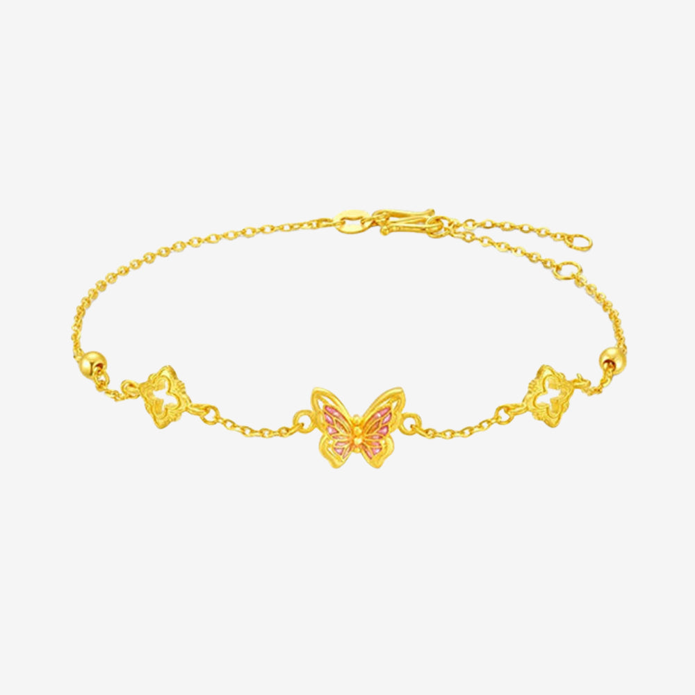 24K Gold Enamel Pink Butterfly and Clover O-chain Bracelet