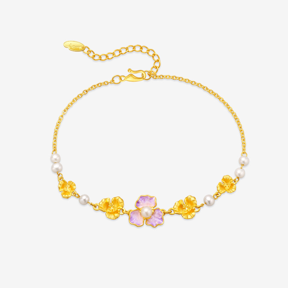 CHOW TAI SENG Monet Garden Series Enamel Iris 24K Gold Pearl Bracelet