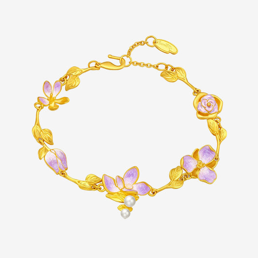 Monet Garden Series 24K Gold Pearl Enamel Flowers Bracelet