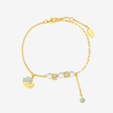 24K Gold Pearl Blue Almond Flower Bracelet