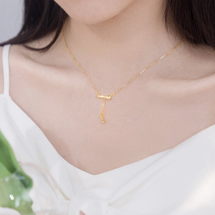 24K Gold Matte Bow Knot Tassel Necklace