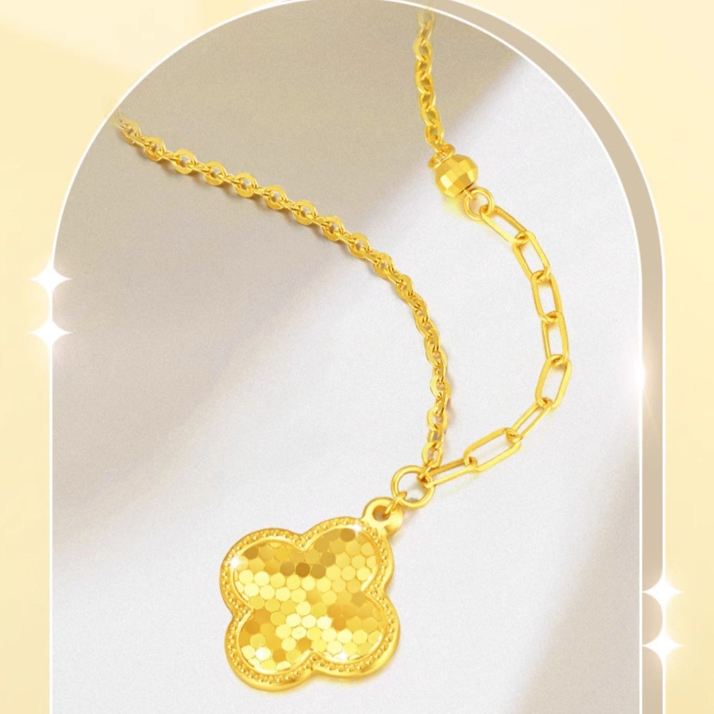 24K Gold Lucky Shining Clover Paperclip Chain Necklace