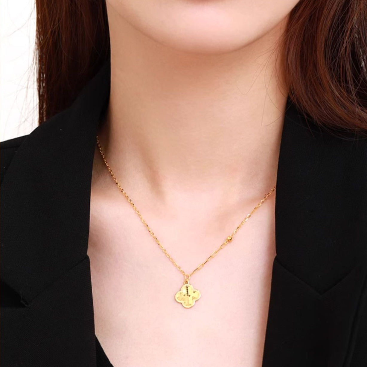 24K Gold Lucky Shining Clover Paperclip Chain Necklace