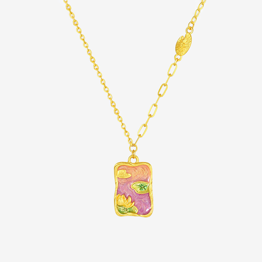 Monet Garden Series 24K Gold Enamel Water Lilies Tag Necklace