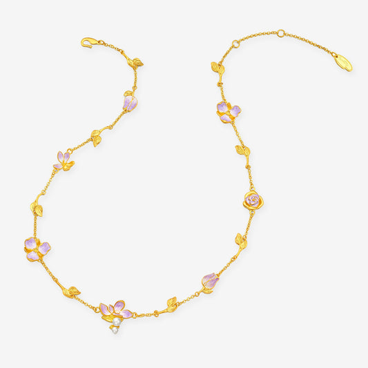 Monet Garden Series 24K Gold Pearl Enamel Flowers Necklace