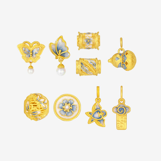 Chinese Cultural Relics Series 24K Gold Blue and White Enamel Series Charm
