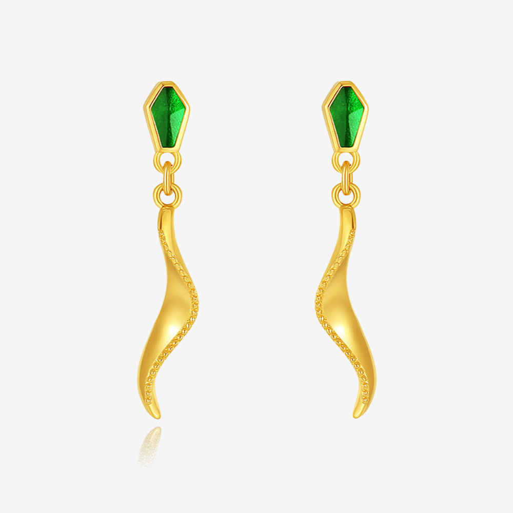 24K Gold Enamel Streamer Green Snake Earrings Necklace Bracelet Jewelry Set