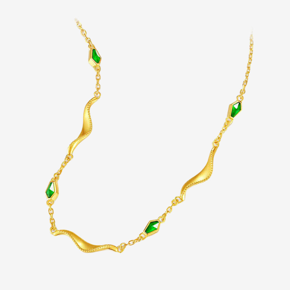 24K Gold Enamel Streamer Green Snake Earrings Necklace Bracelet Jewelry Set