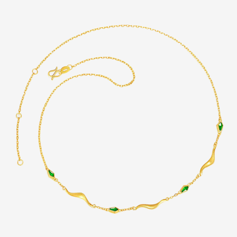 24K Gold Enamel Streamer Green Snake Earrings Necklace Bracelet Jewelry Set