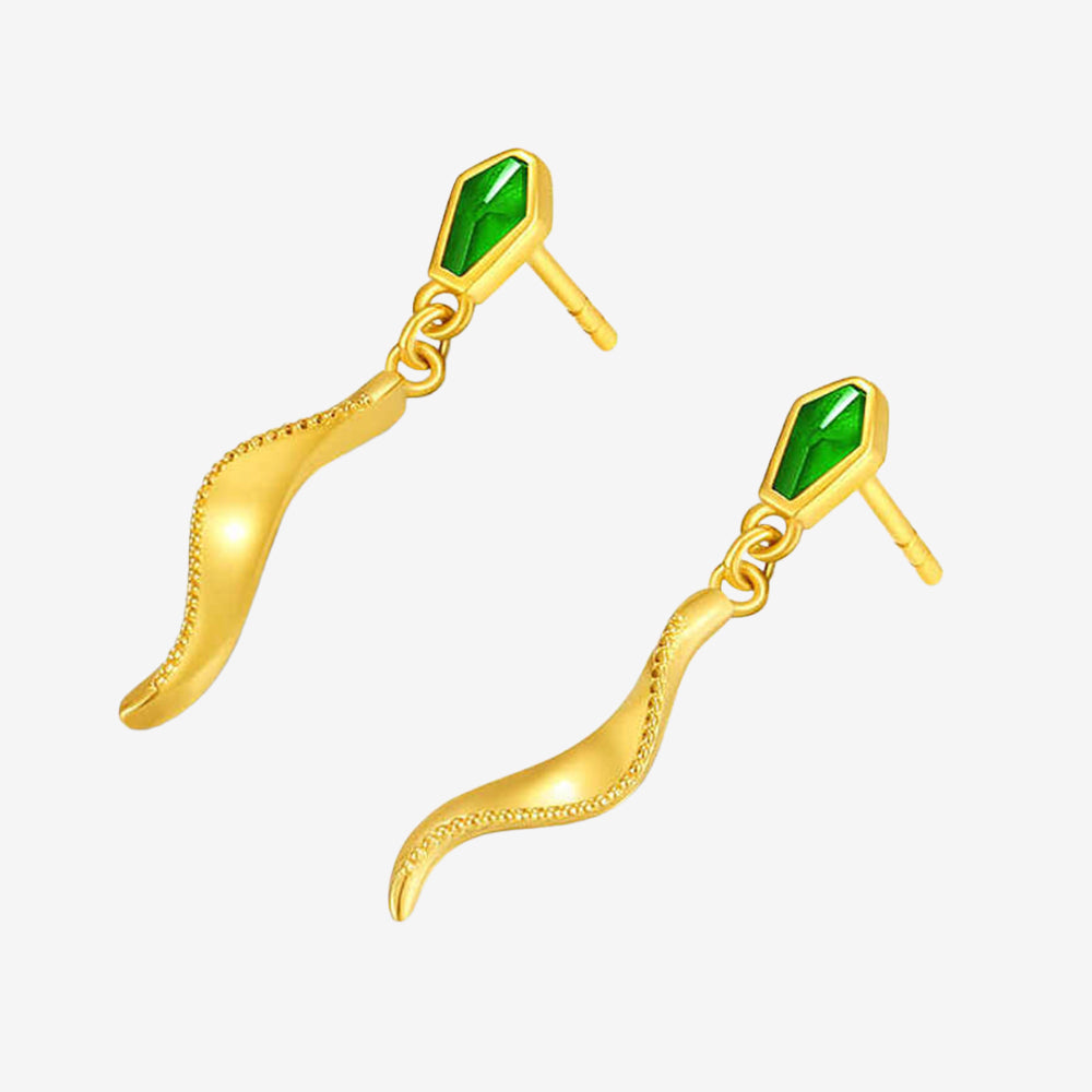 24K Gold Enamel Streamer Green Snake Earrings Necklace Bracelet Jewelry Set