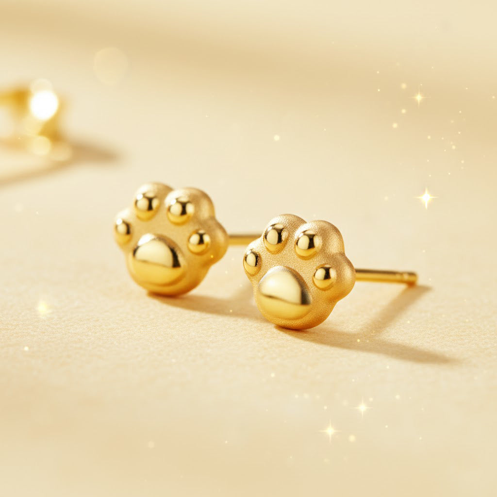 24K Gold Cute Cat Paw Stud Earrings