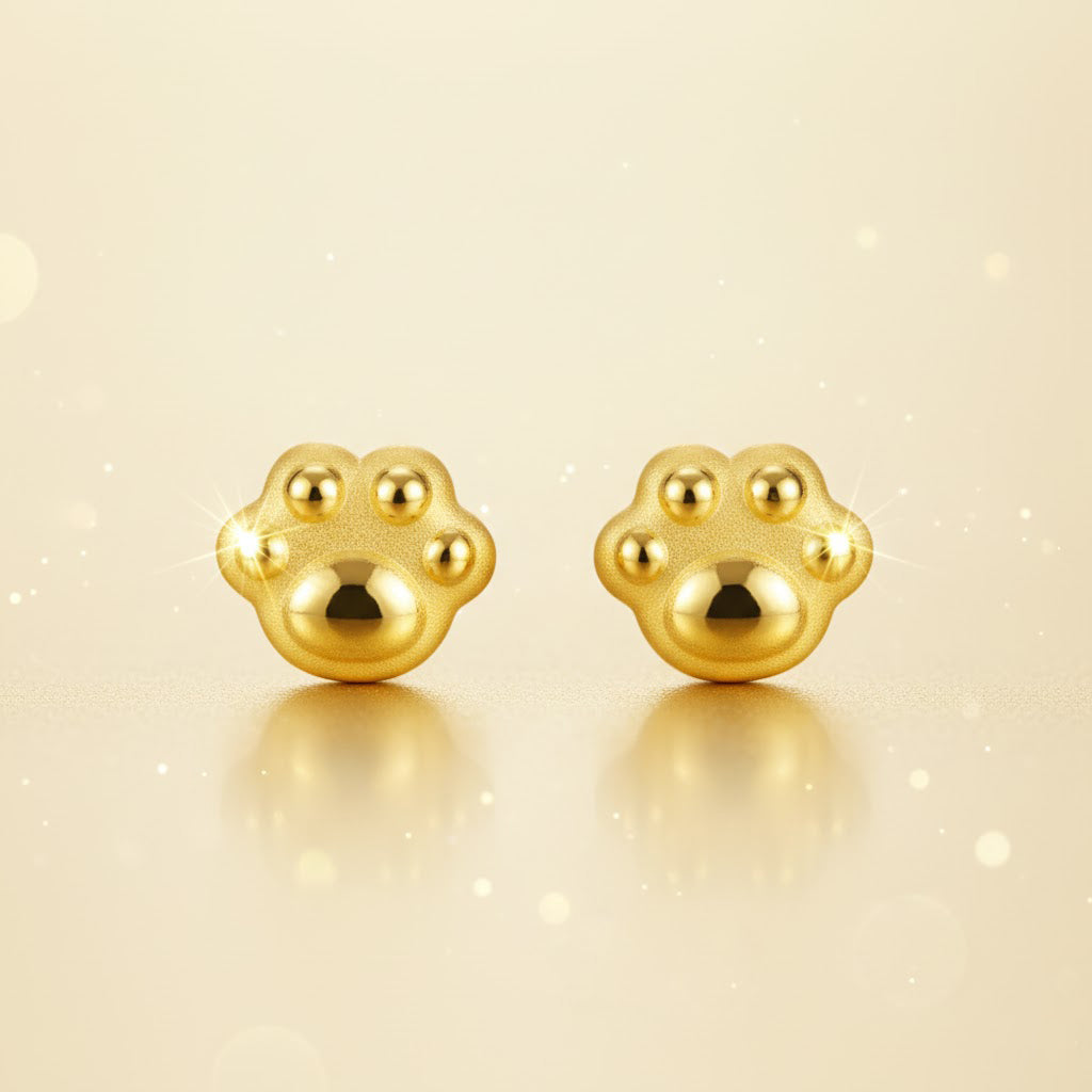 24K Gold Cute Cat Paw Stud Earrings