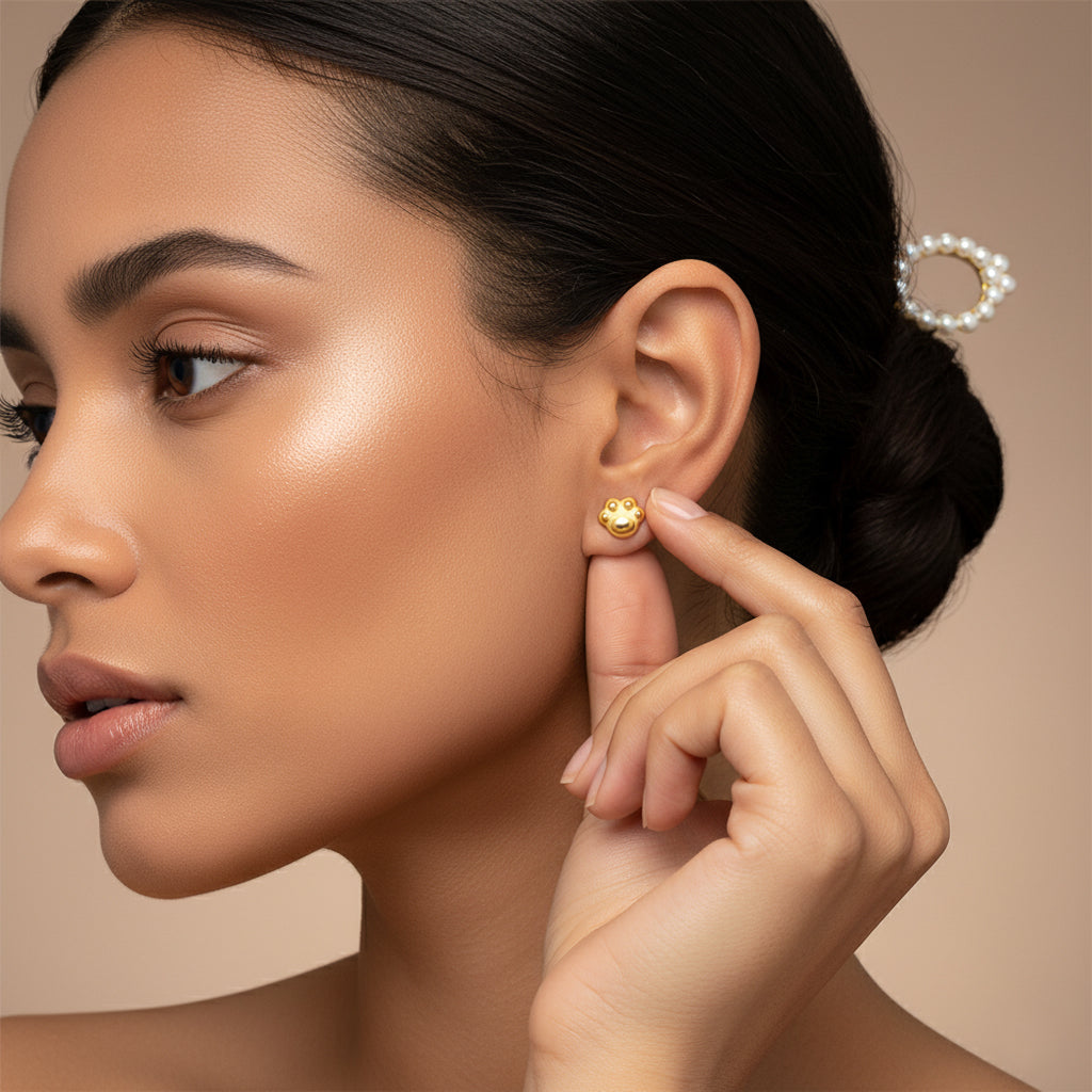 24K Gold Cute Cat Paw Stud Earrings