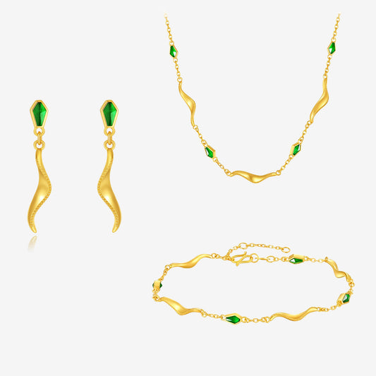 24K Gold Enamel Streamer Green Snake Earrings Necklace Bracelet Jewelry Set