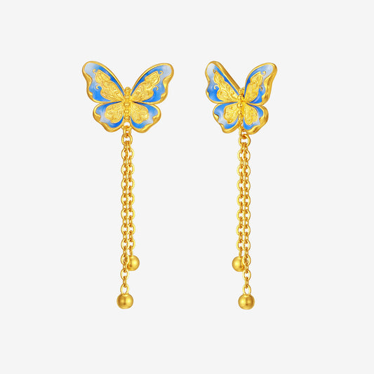 Oriental Blue and White Series 24K Gold Enamel Blue Butterfly Earrings