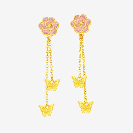 Monet Garden Series 24K Gold Enamel Butterfly Camellia Drop Earrings