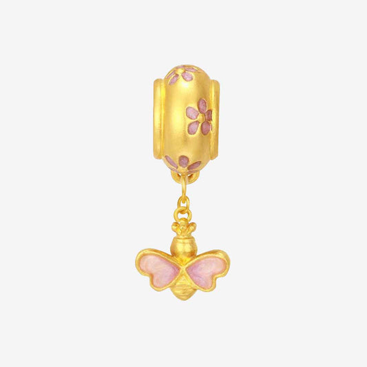 Monet Garden Series 24K Gold Luminous Enamel Peach Blossom Bee Dangle Charm