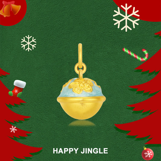 Gold bell charm with blue-green enamel on the upper half, raised golden almond blossoms and a hanging loop
