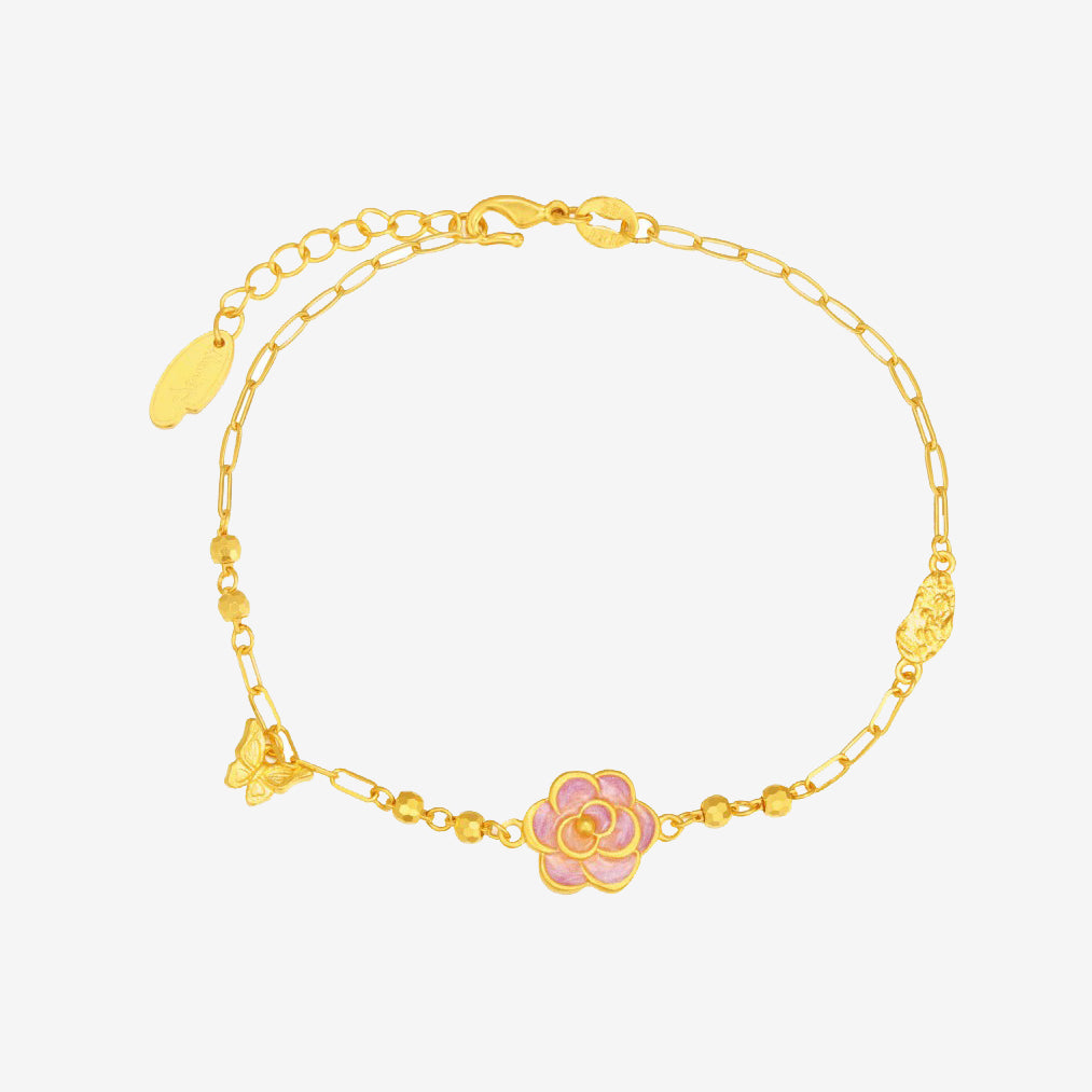 Monet Garden Series 24K Gold Enamel Camellia Butterfly Bracelet