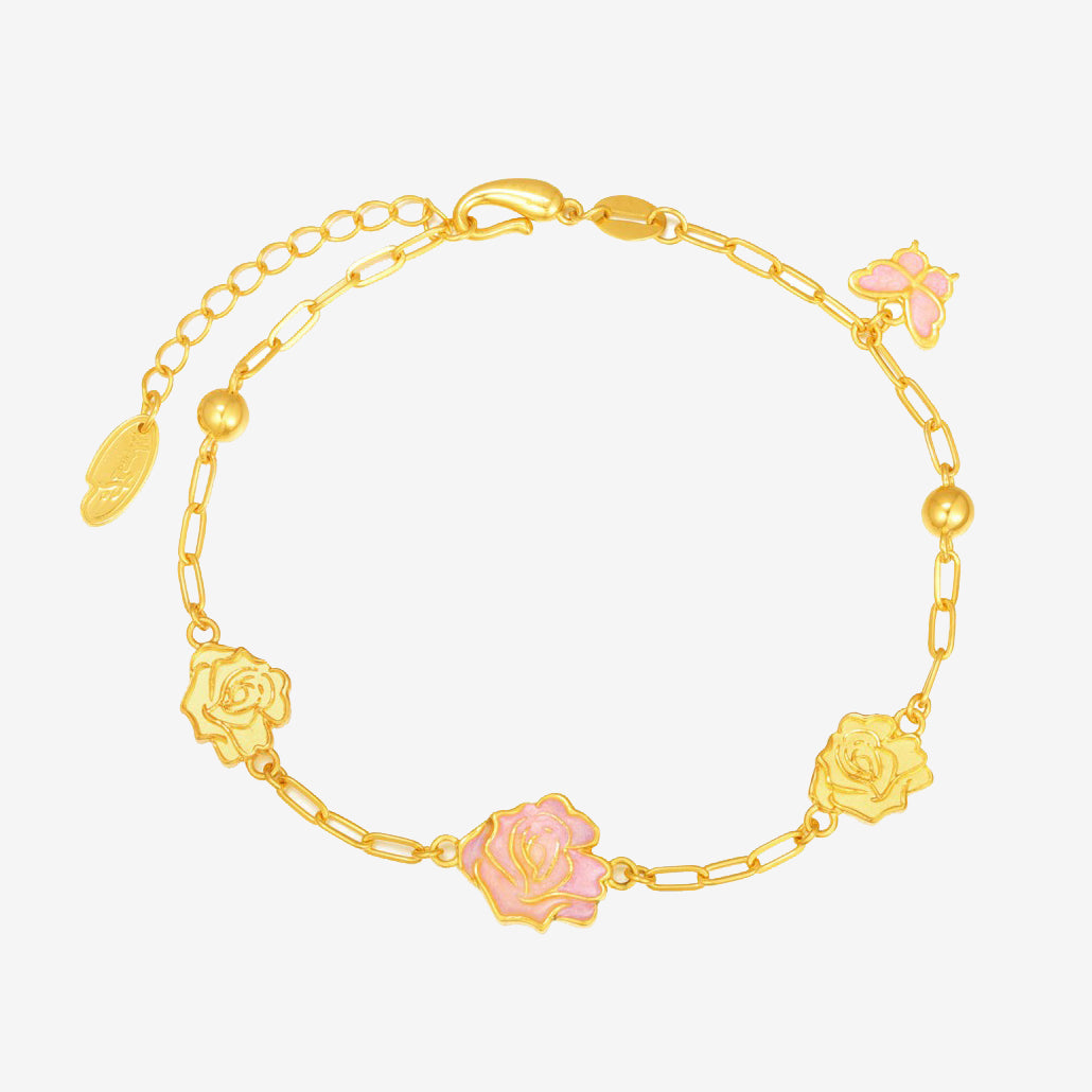 Monet Garden Series 24K Gold Enamel Rose Butterfly Bracelet