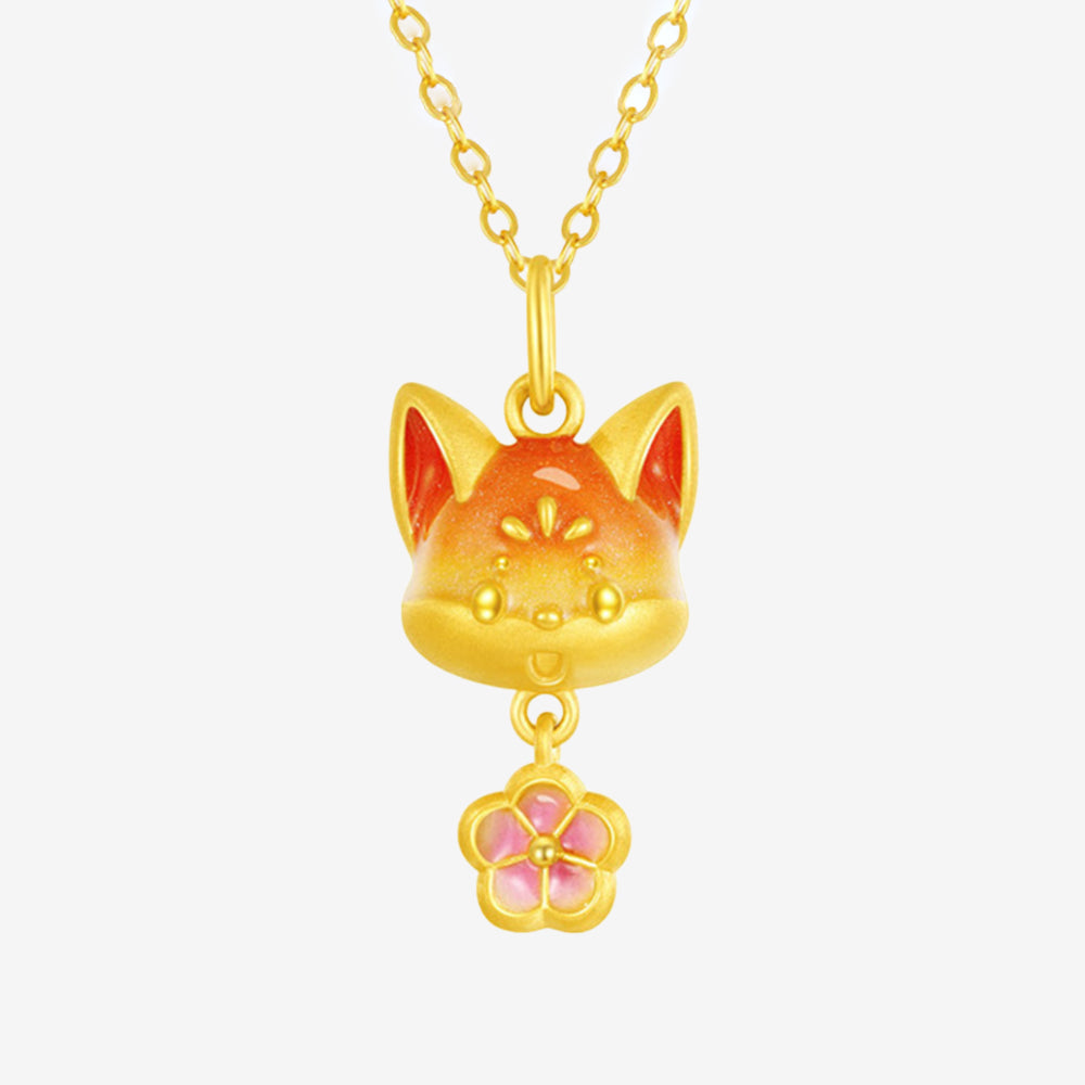 First Series 24K Gold Luminous Enamel Peach Blossom Fox Necklace Pendant