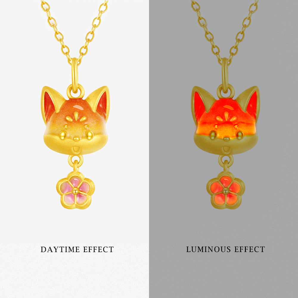 First Series 24K Gold Luminous Enamel Peach Blossom Fox Necklace Pendant