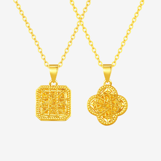 24K Gold Hollow Brushed Sugar Cube Clover Pendant