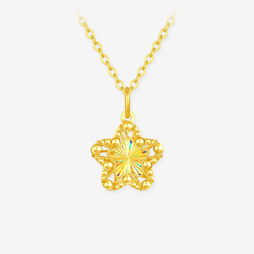 ChowTaiSeng 24K gold wishing star pendant necklace — hollow filigree star frame with beaded border, iridescent laser-engraved centre refracting rainbow light, light grey background