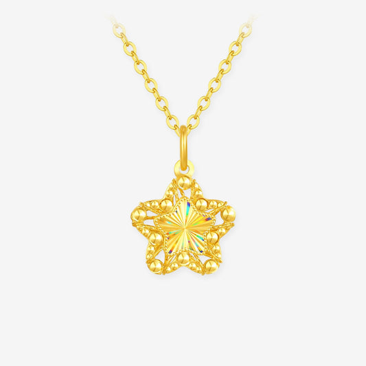 ChowTaiSeng 24K gold wishing star pendant necklace — hollow filigree star frame with beaded border, iridescent laser-engraved centre refracting rainbow light, light grey background