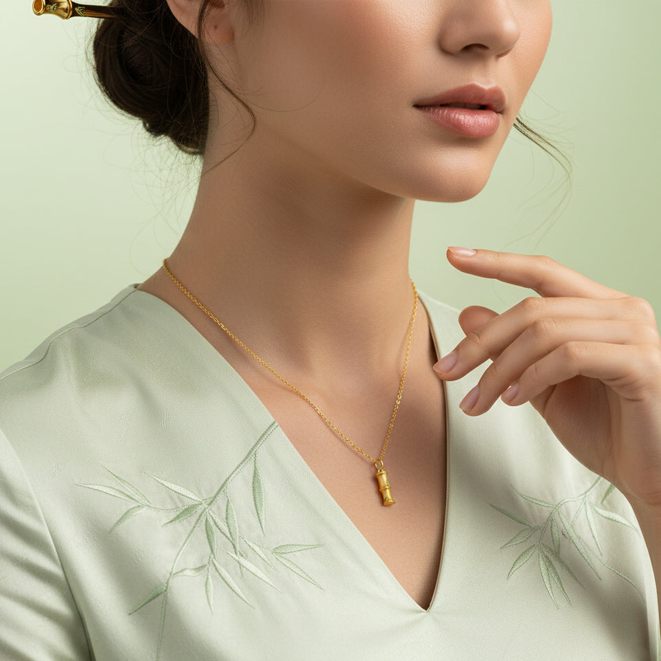 24K Gold Enamel Bamboo Pendant