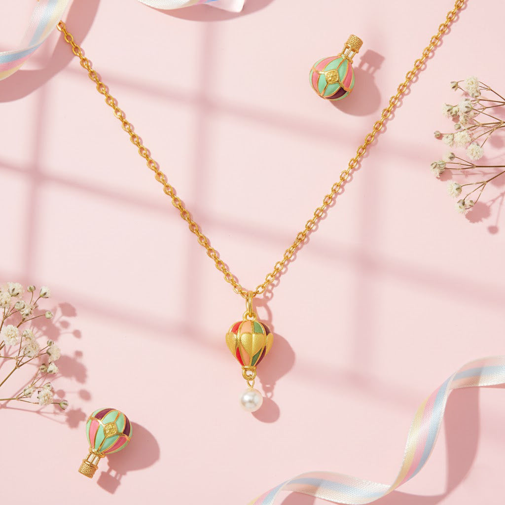 [New Product Sale]24K Gold Enamel Pearl Turkish Hot Air Balloon Pendant