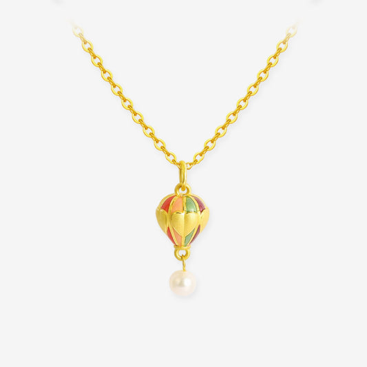 24K Gold Enamel Pearl Turkish Hot Air Balloon Pendant