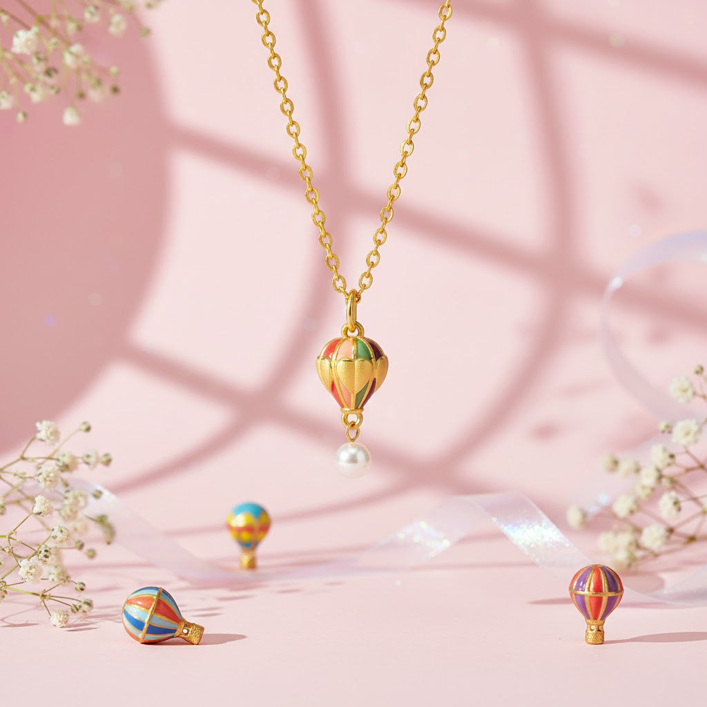 [New Product Sale]24K Gold Enamel Pearl Turkish Hot Air Balloon Pendant