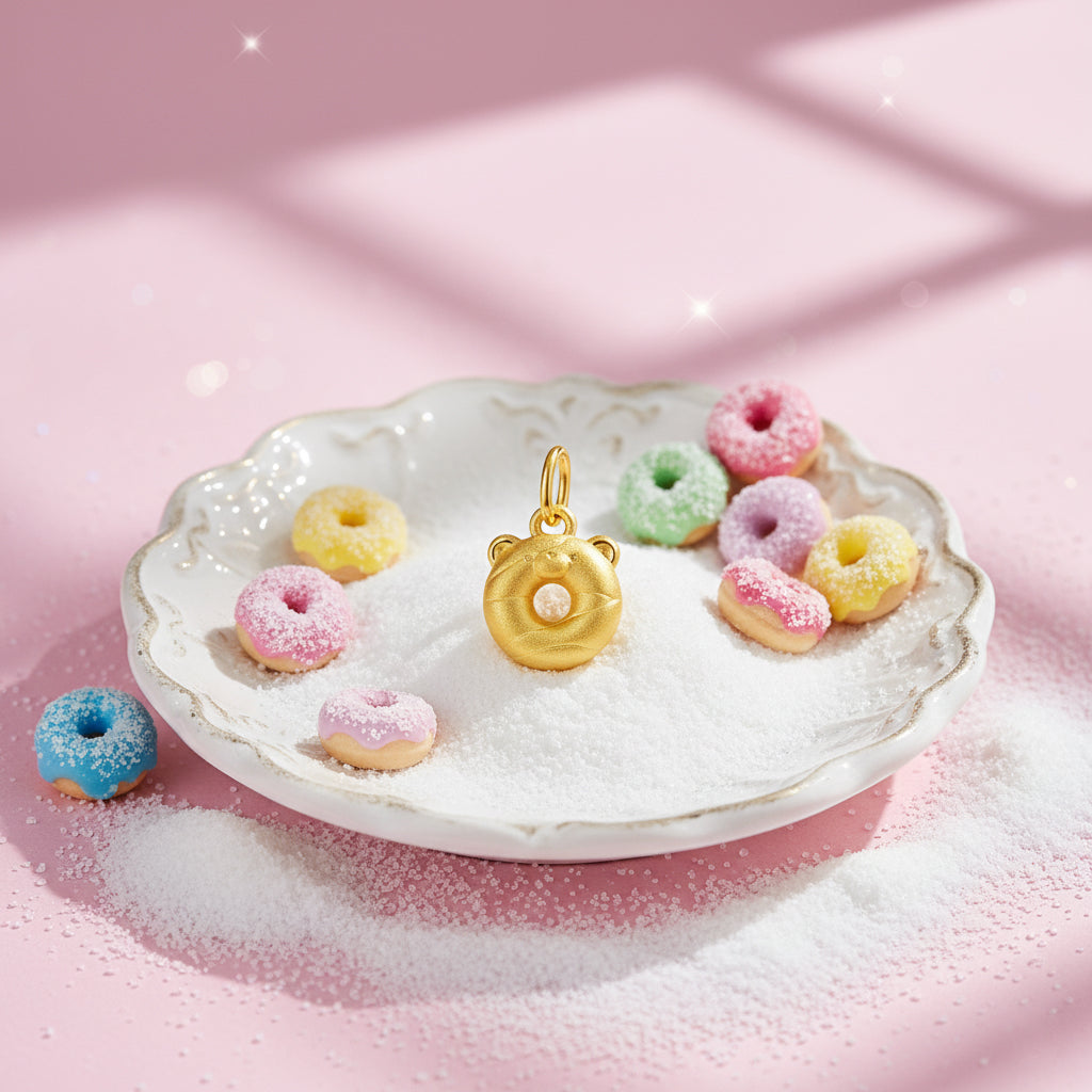24K Gold Bear Donut Pendant Charm