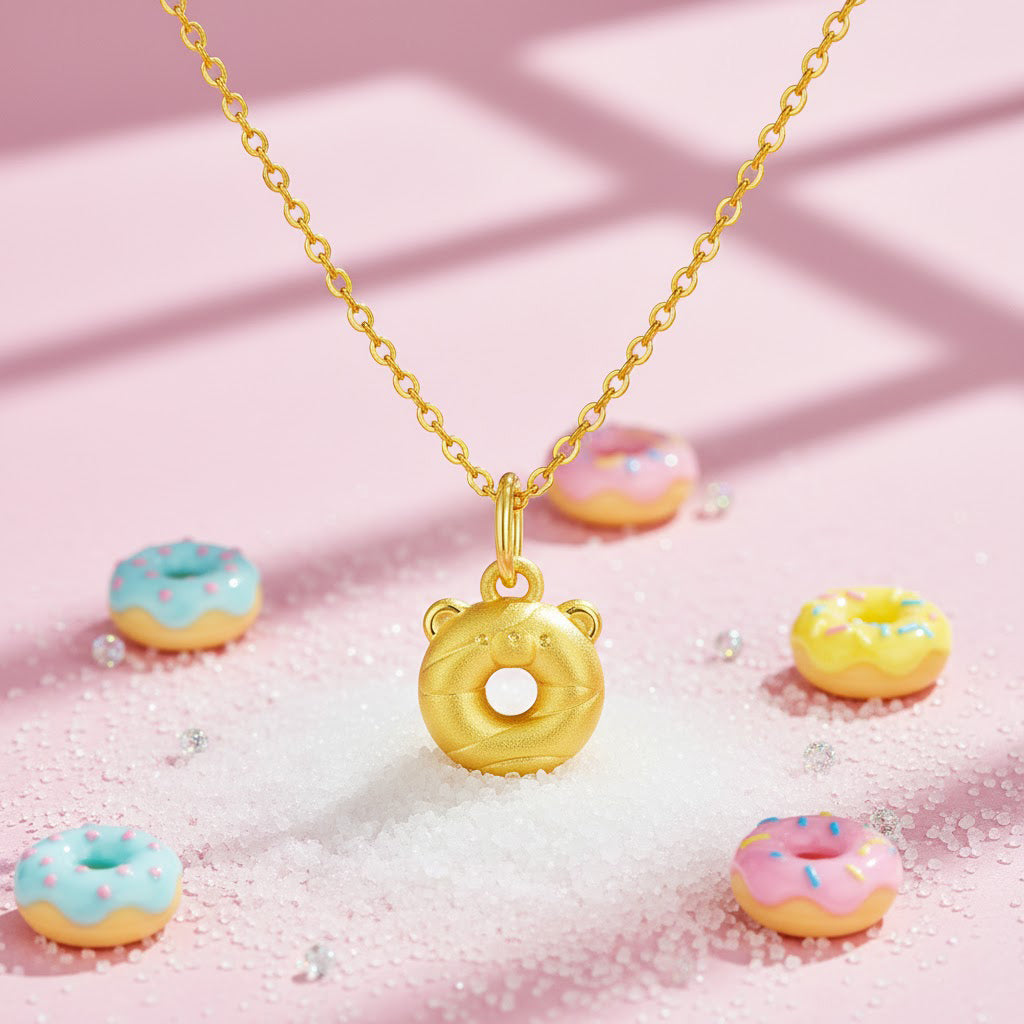 24K Gold Bear Donut Pendant Charm