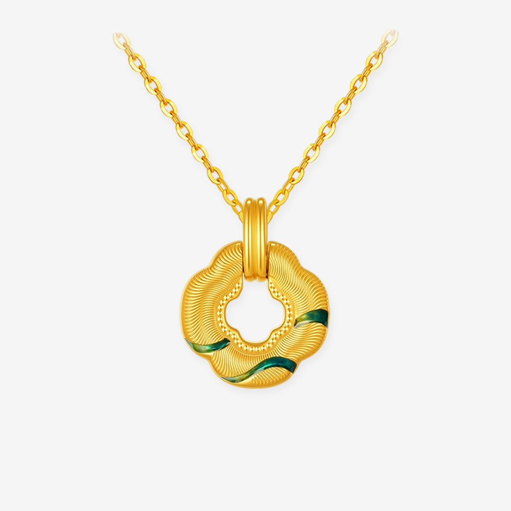 ChowTaiSeng 24K Gold Green Clover Pendant on gold chain, white background – Rivers & Mountains Series
