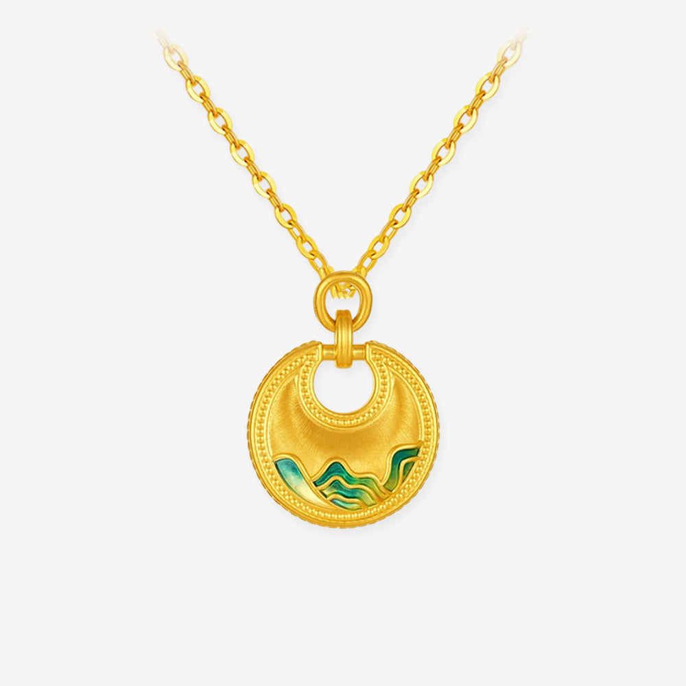 ChowTaiSeng 24K Gold Round Ruyi Lock Pendant on gold rope chain, white background product shot – Rivers & Mountains Series