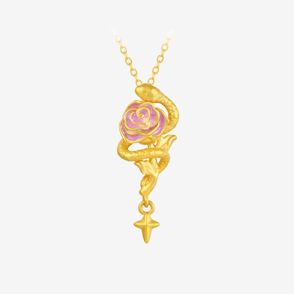 24K Gold Luminous Enamel Cool Snake and Rose Necklace Pendant