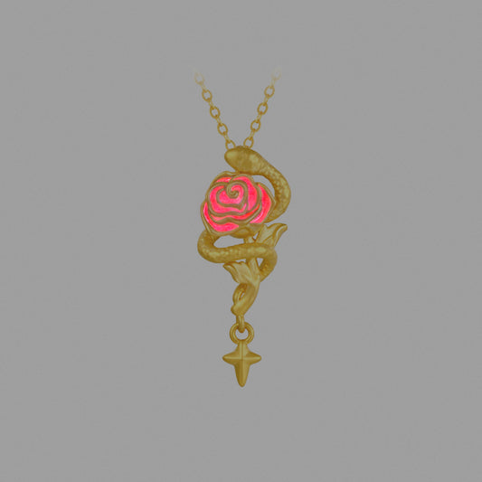 24K Gold Luminous Enamel Cool Snake and Rose Necklace Pendant